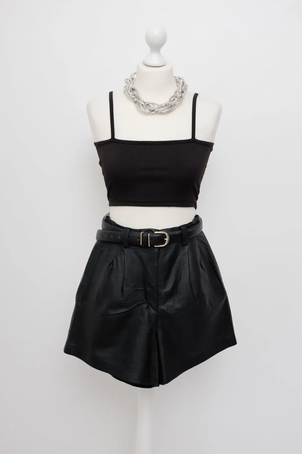 0057_BLACK HIGH WAIST LEATHER VINTAGE SHORTS