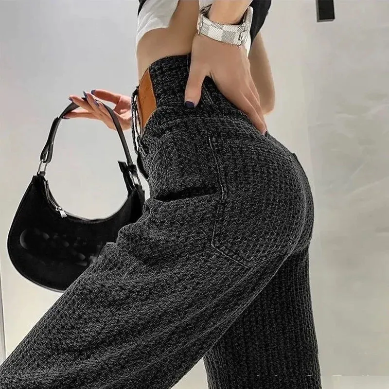 3D Stretch Denim Blue High-waist Woven Denim Wide-leg Pants