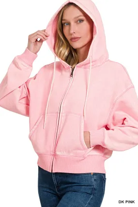 Acid Washed Dark Pink Fleece Cropped Zip-Up Hoodie