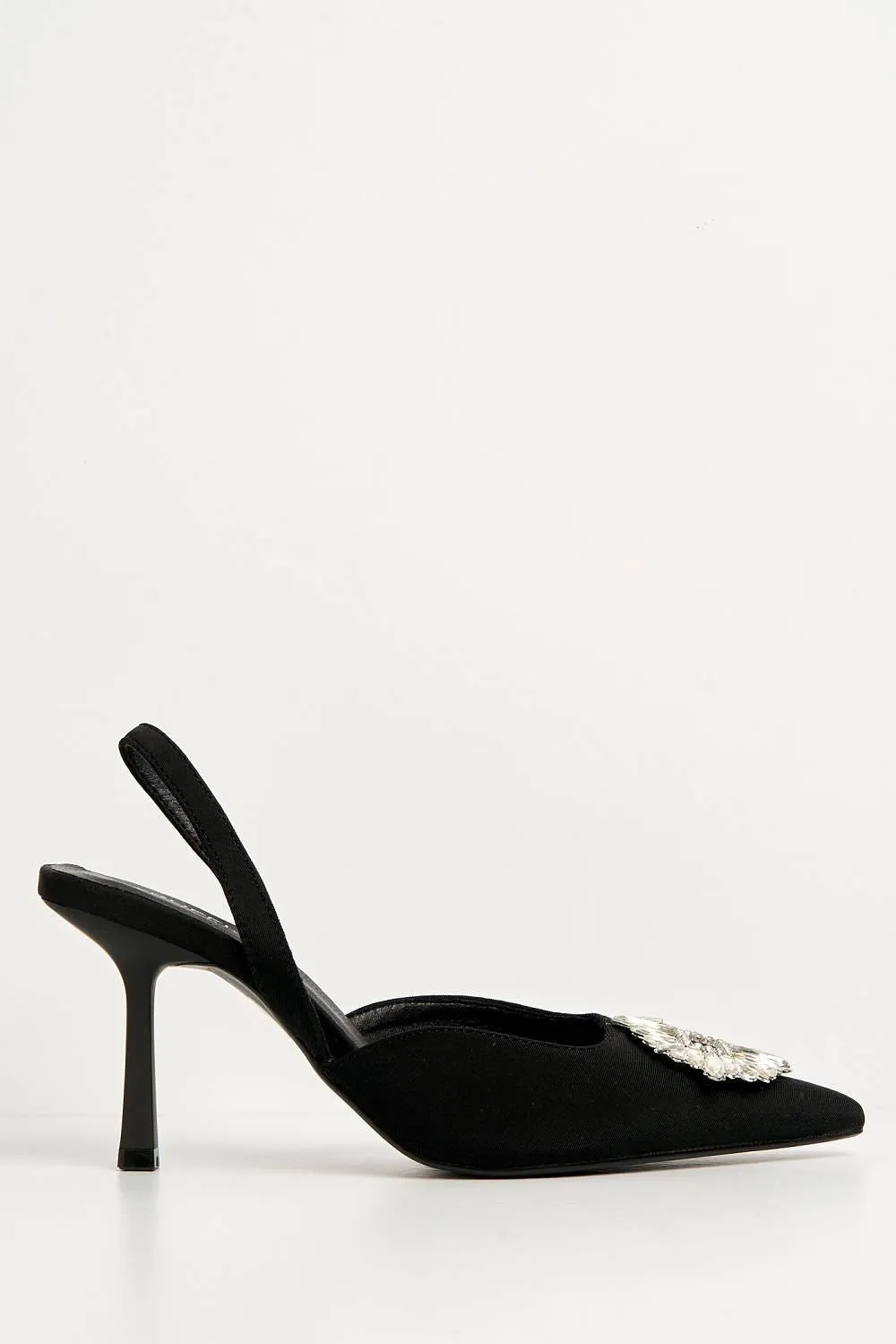 Amira Diamante Brooch Sling Back Court Shoes in Black Satin