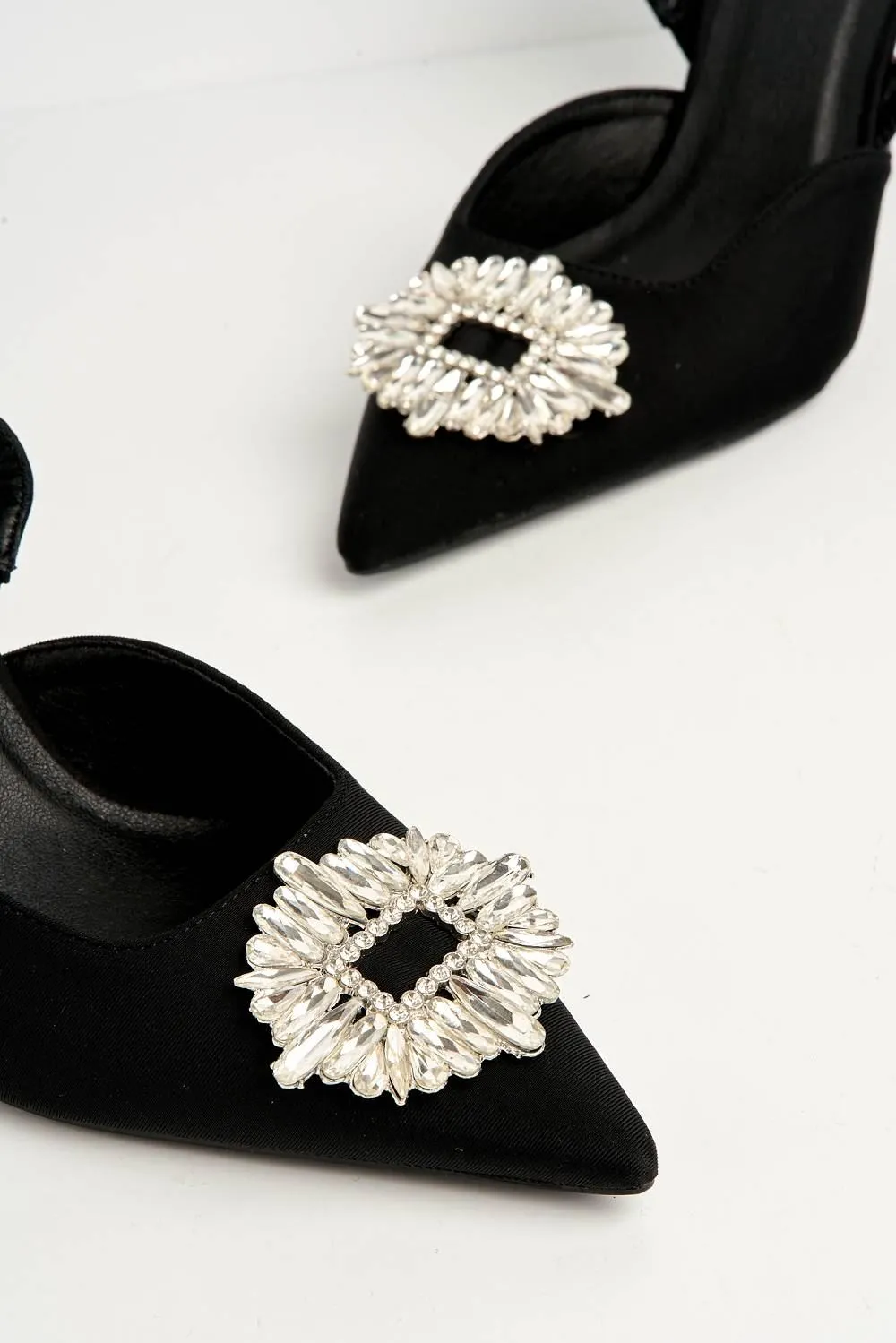 Amira Diamante Brooch Sling Back Court Shoes in Black Satin