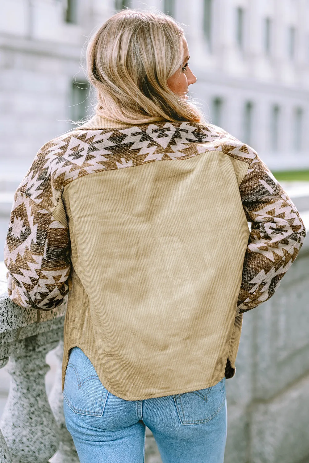 Aztec Print Patchwork Frayed Edge Khaki Corduroy Jacket