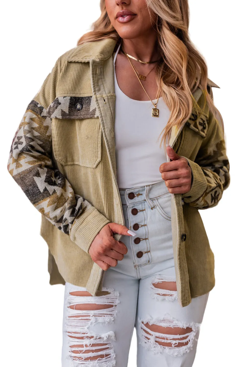 Aztec Print Patchwork Frayed Edge Khaki Corduroy Jacket