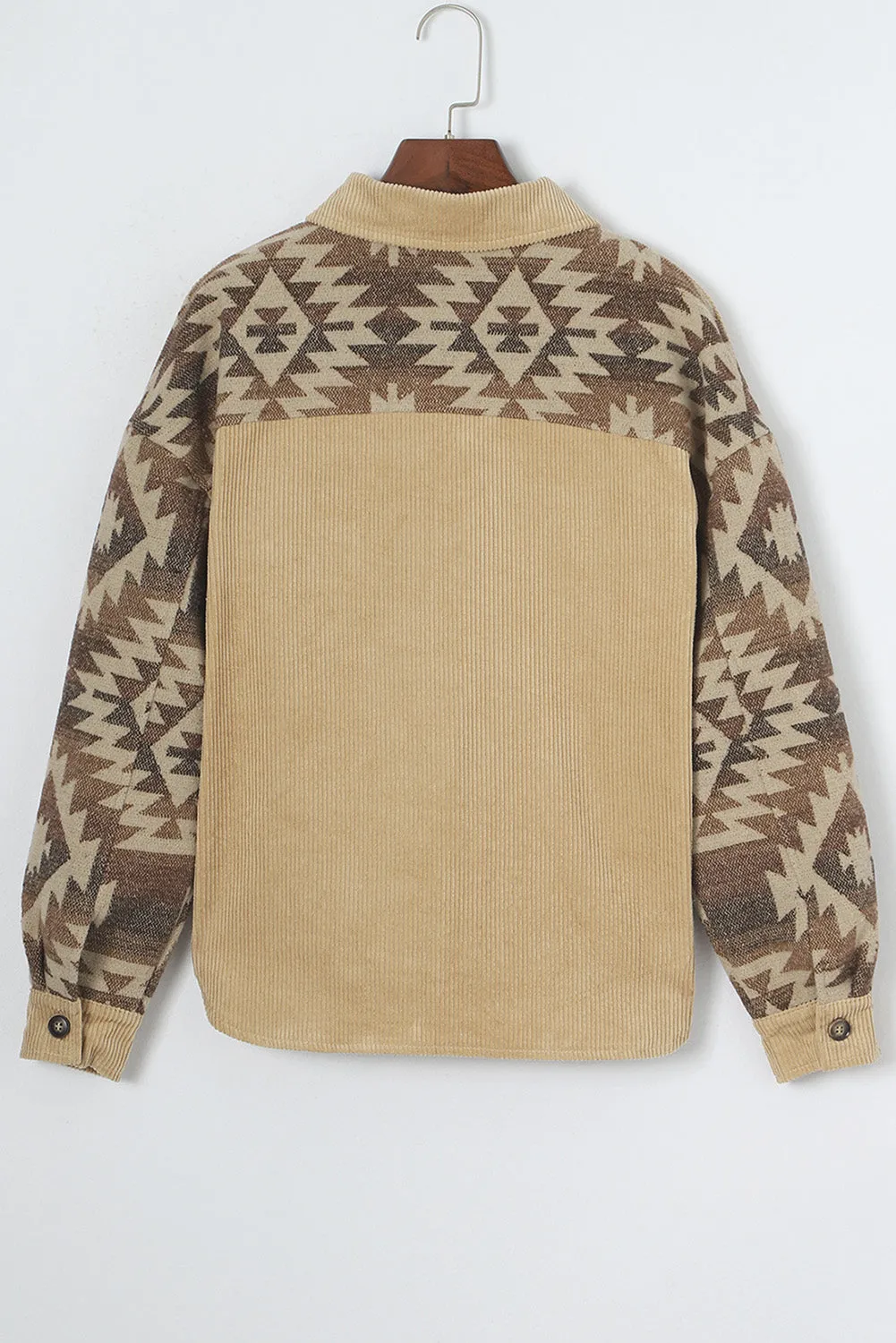 Aztec Print Patchwork Frayed Edge Khaki Corduroy Jacket