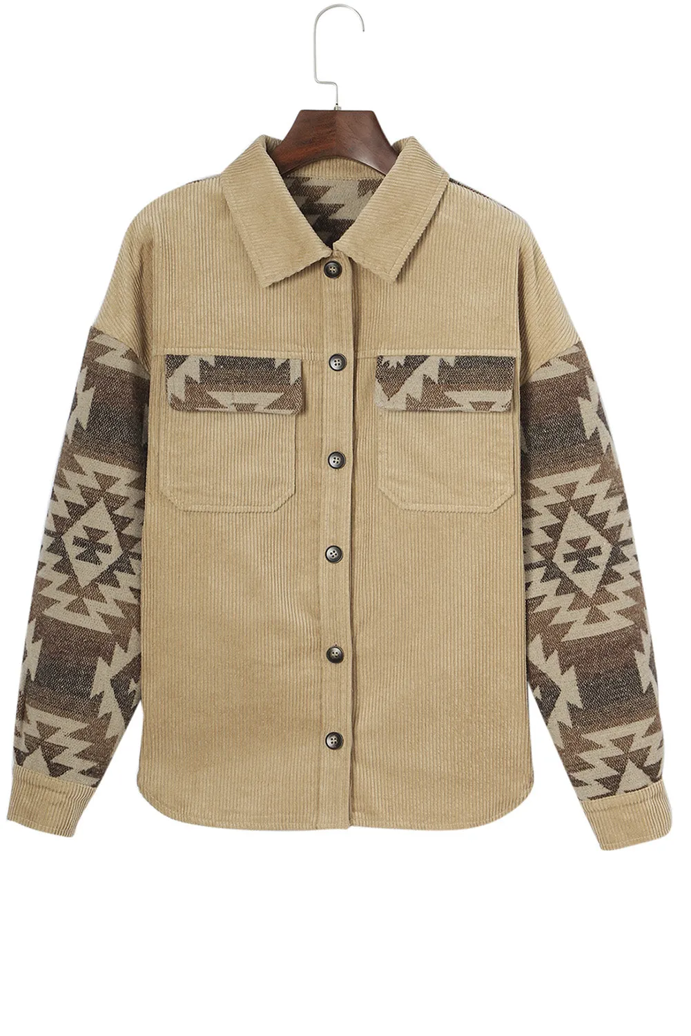 Aztec Print Patchwork Frayed Edge Khaki Corduroy Jacket