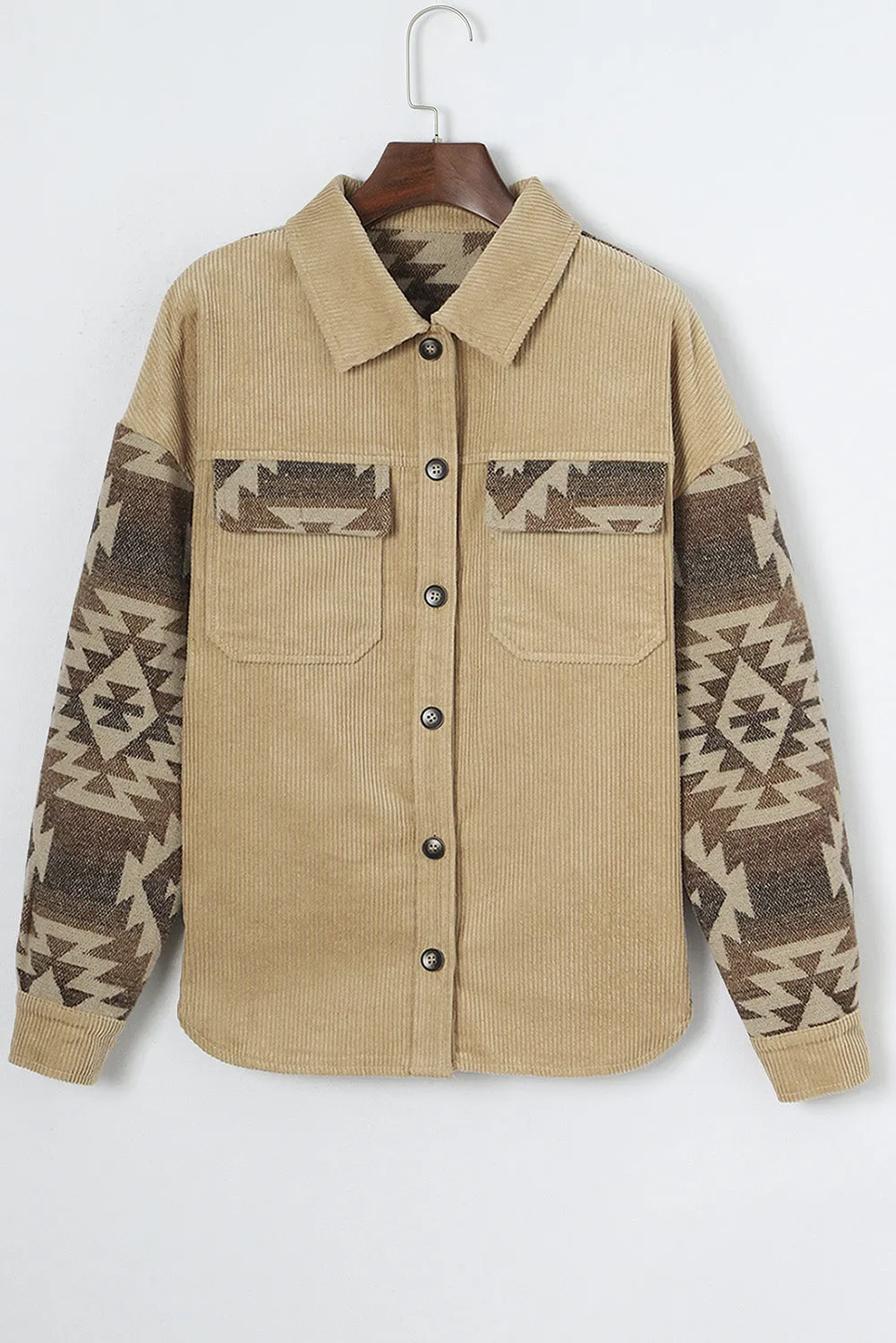 Aztec Print Patchwork Frayed Edge Khaki Corduroy Jacket