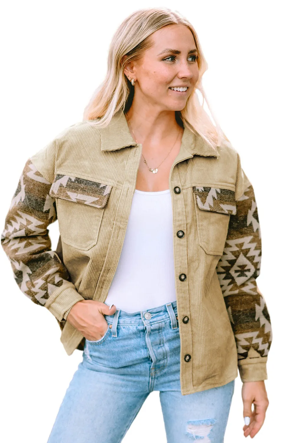 Aztec Print Patchwork Frayed Edge Khaki Corduroy Jacket