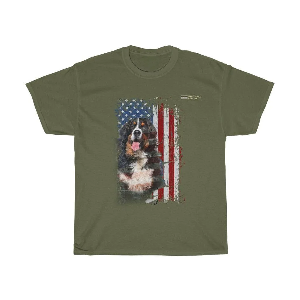 Bernese Mountain Dog with Distressed USA Flag Patriotic T-shirt