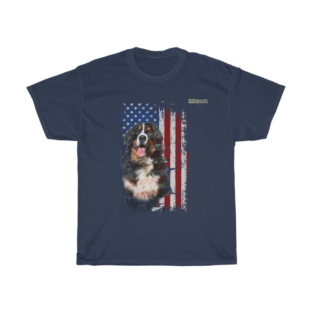 Bernese Mountain Dog with Distressed USA Flag Patriotic T-shirt