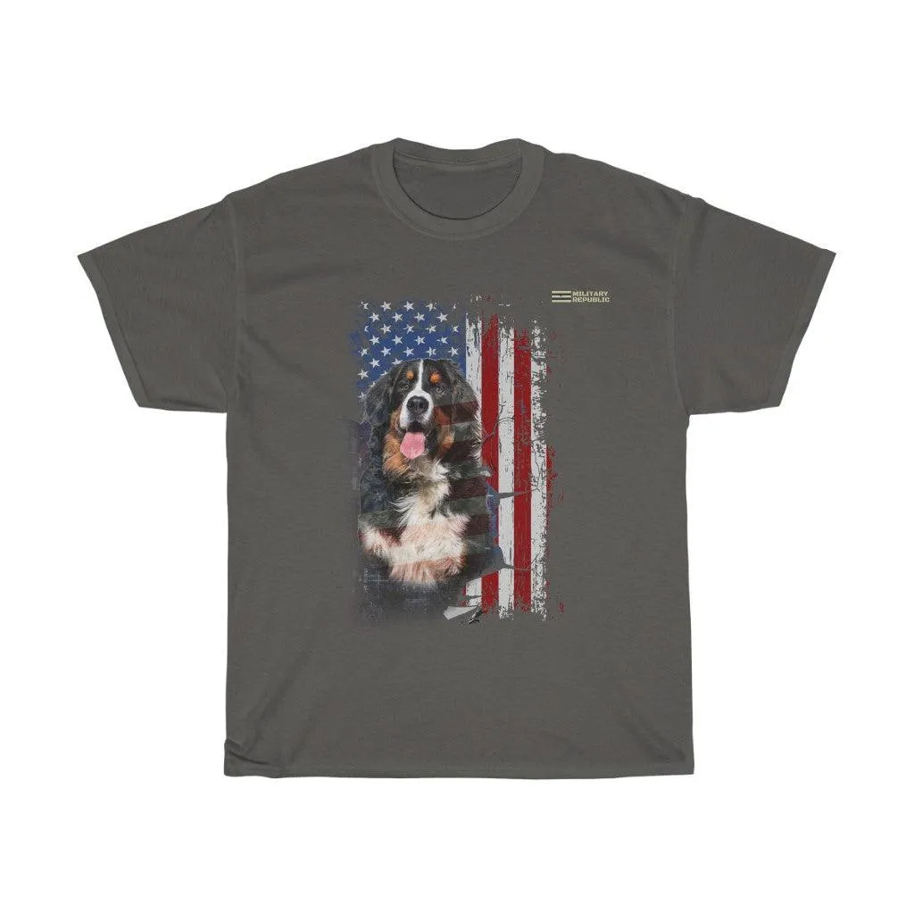 Bernese Mountain Dog with Distressed USA Flag Patriotic T-shirt