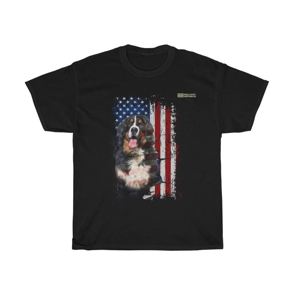 Bernese Mountain Dog with Distressed USA Flag Patriotic T-shirt