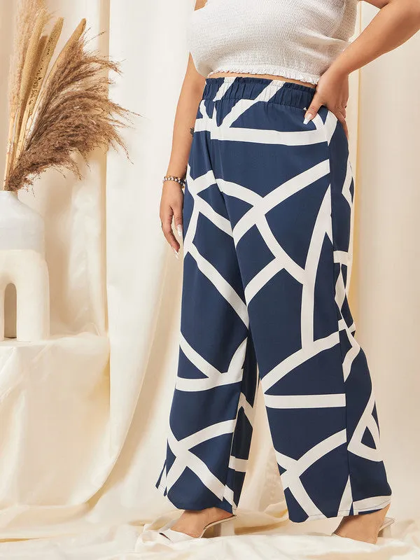 Berrylush Curve Women Navy Blue & White Geometric Printed High-Rise Elastic Waist Slip-On Pleated Regular Parallel Trousers