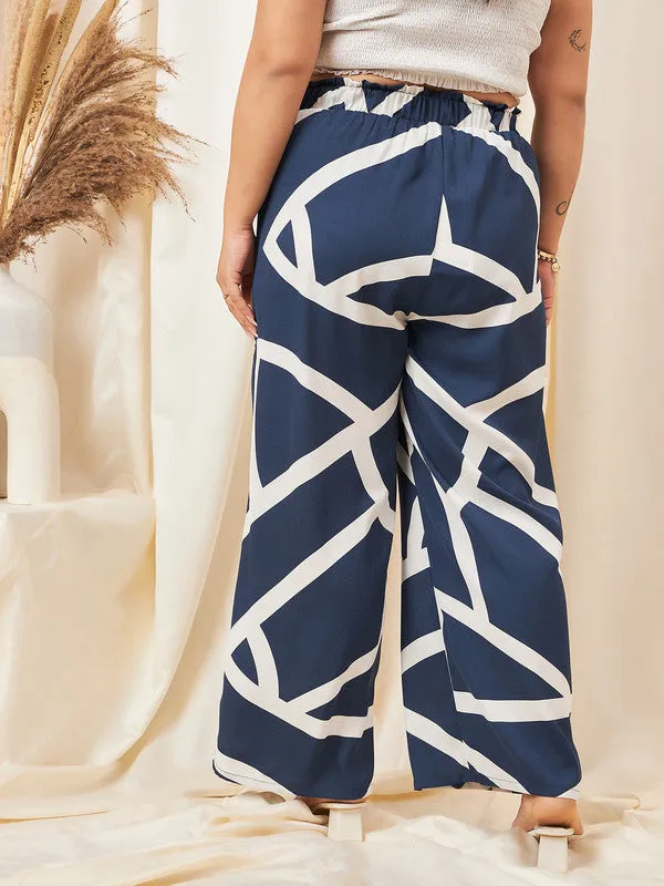 Berrylush Curve Women Navy Blue & White Geometric Printed High-Rise Elastic Waist Slip-On Pleated Regular Parallel Trousers