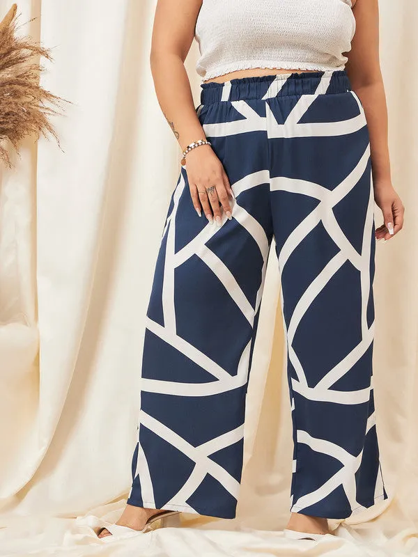 Berrylush Curve Women Navy Blue & White Geometric Printed High-Rise Elastic Waist Slip-On Pleated Regular Parallel Trousers