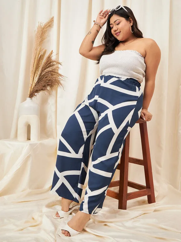 Berrylush Curve Women Navy Blue & White Geometric Printed High-Rise Elastic Waist Slip-On Pleated Regular Parallel Trousers