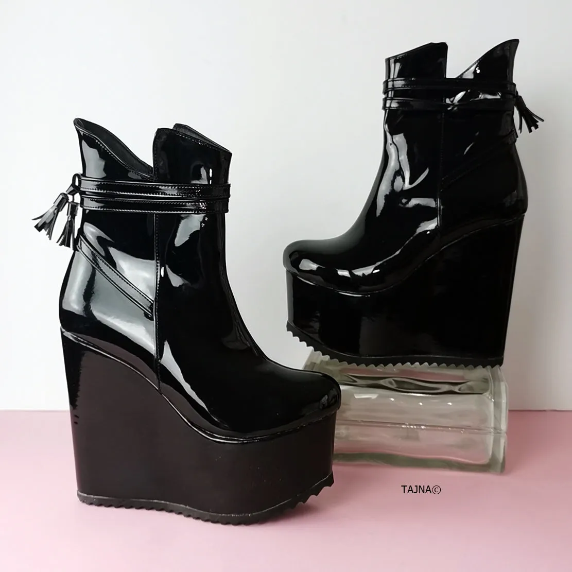 Black Patent Fringe Detail Wedge Booties