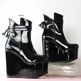 Black Patent Fringe Detail Wedge Booties