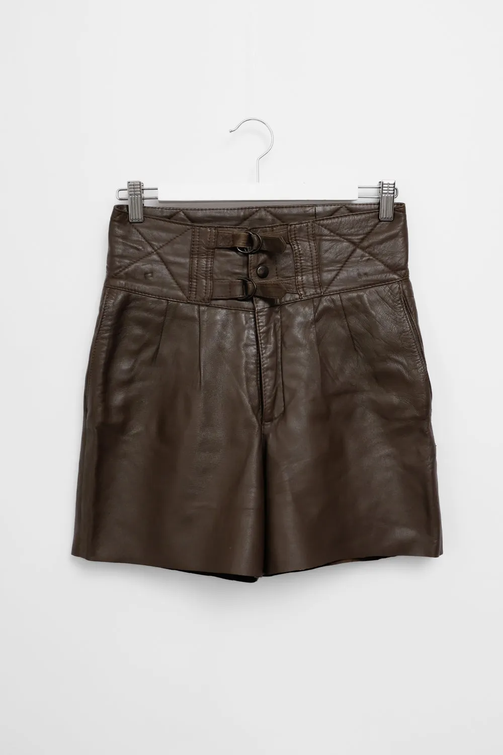 BOLD WAIST BROWN VINTAGE LEATHER SHORTS