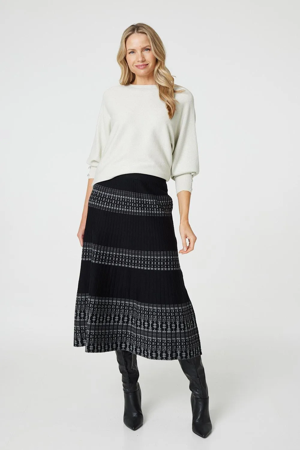 Border Print Knit High Waist Midi Skirt