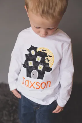 Boys Halloween shirt or bodysuit - haunted house with moon and bats- boys shirt or bodysuit personalized