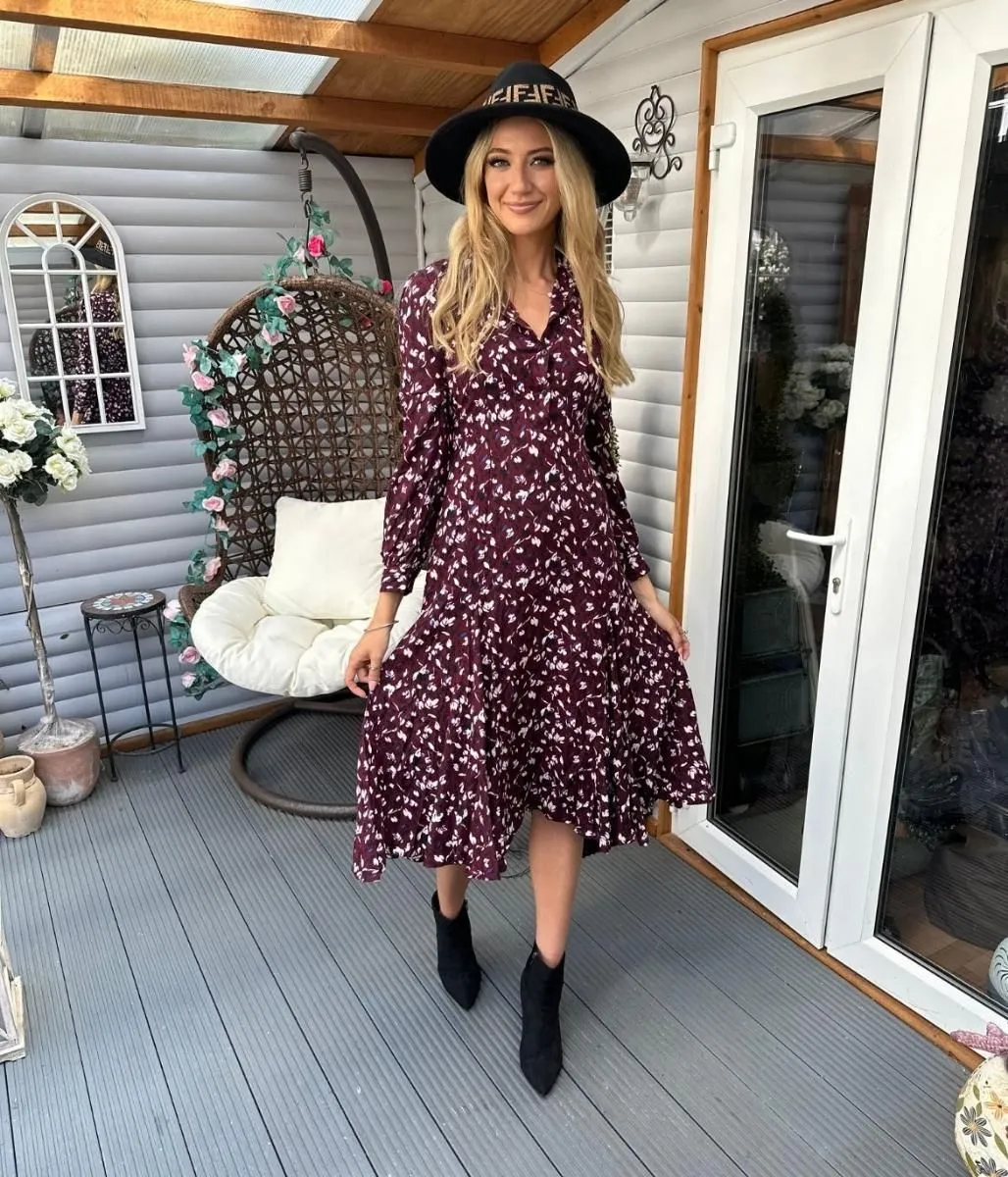 Burgundy Godet Hem Shirt Dress