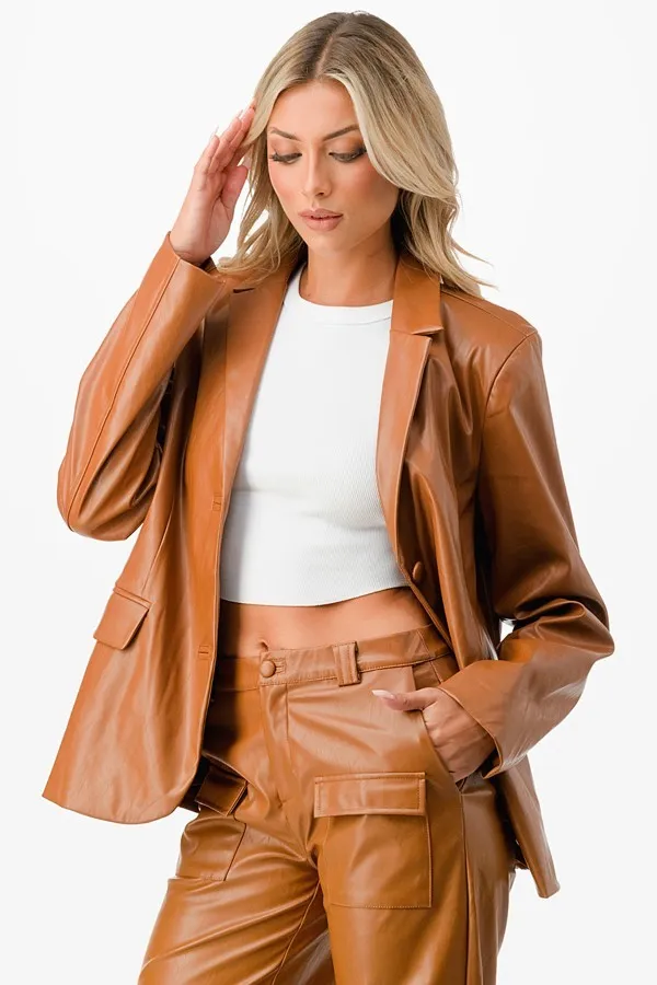 Camel Faux Leather Blazer