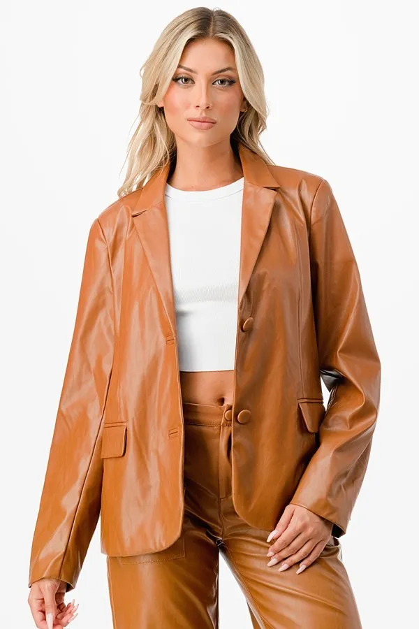 Camel Faux Leather Blazer