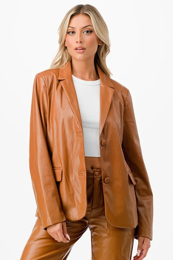 Camel Faux Leather Blazer