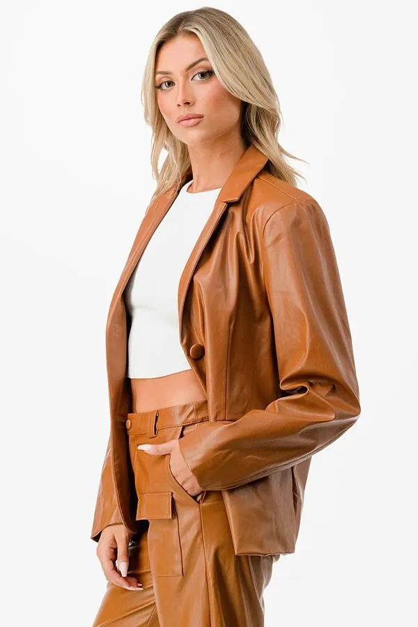 Camel Faux Leather Blazer