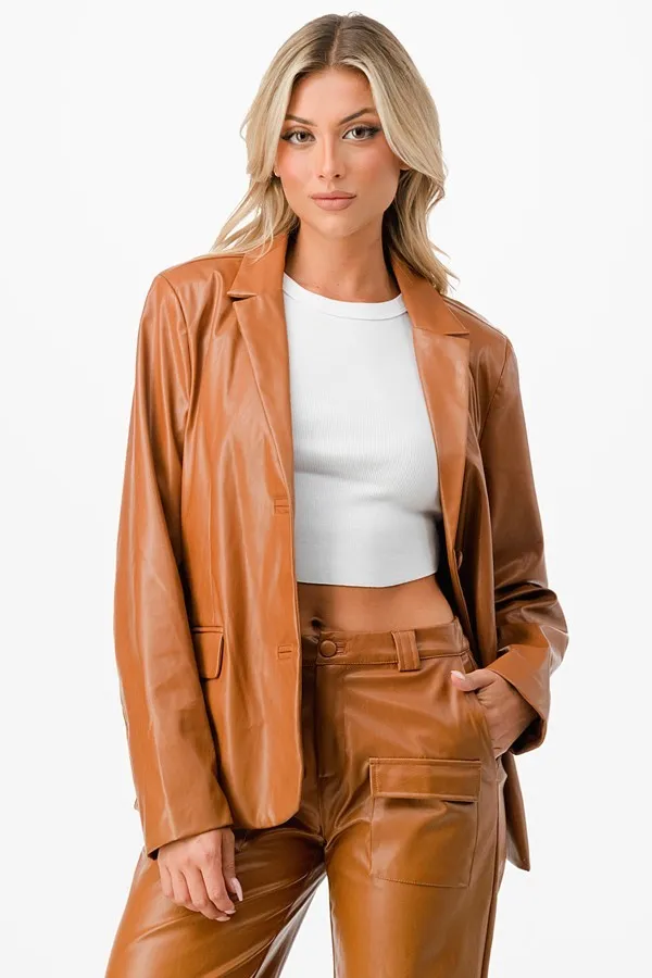 Camel Faux Leather Blazer