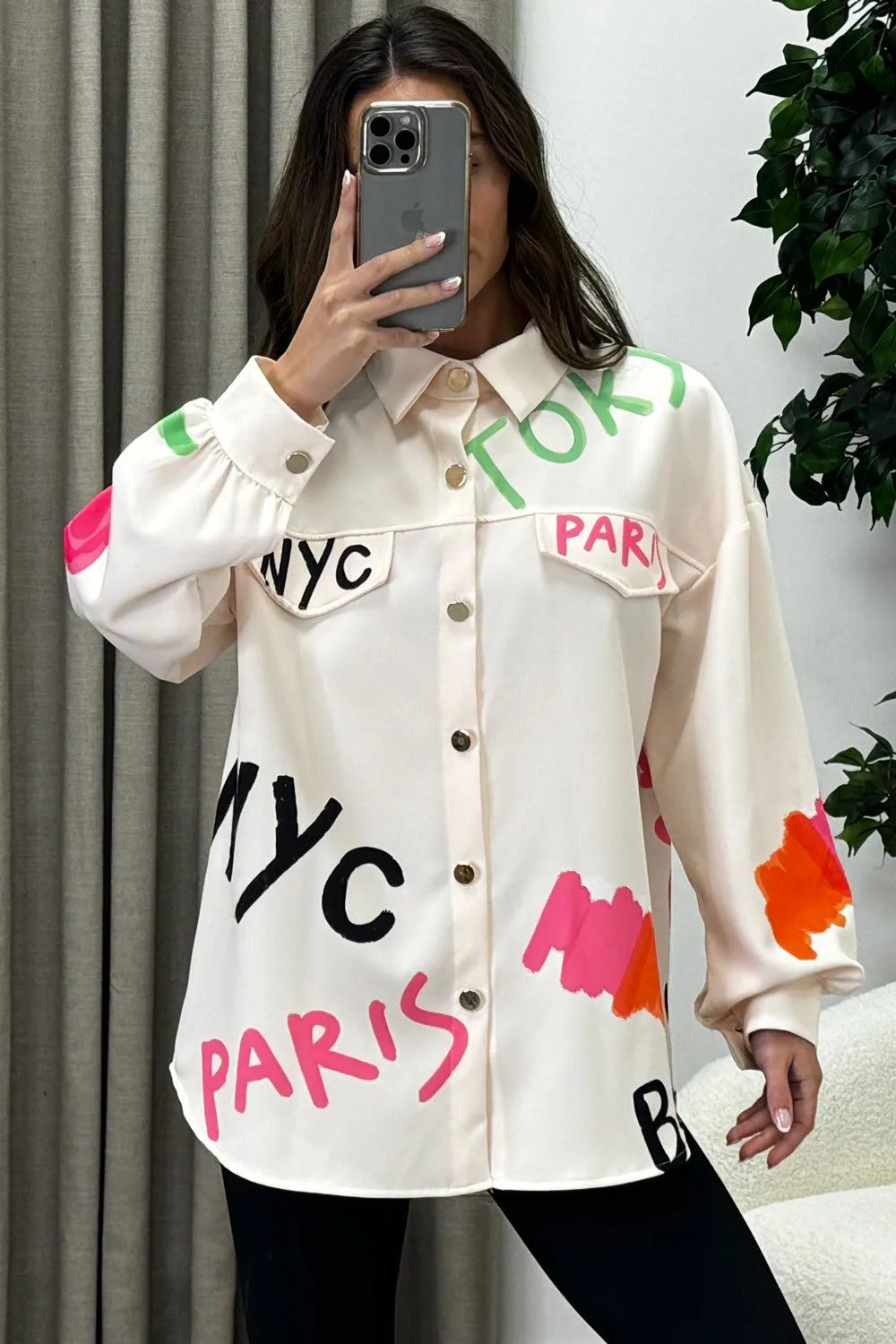 Cassedy Beige Graffiti Nyc Slogan Print Oversized Shirt