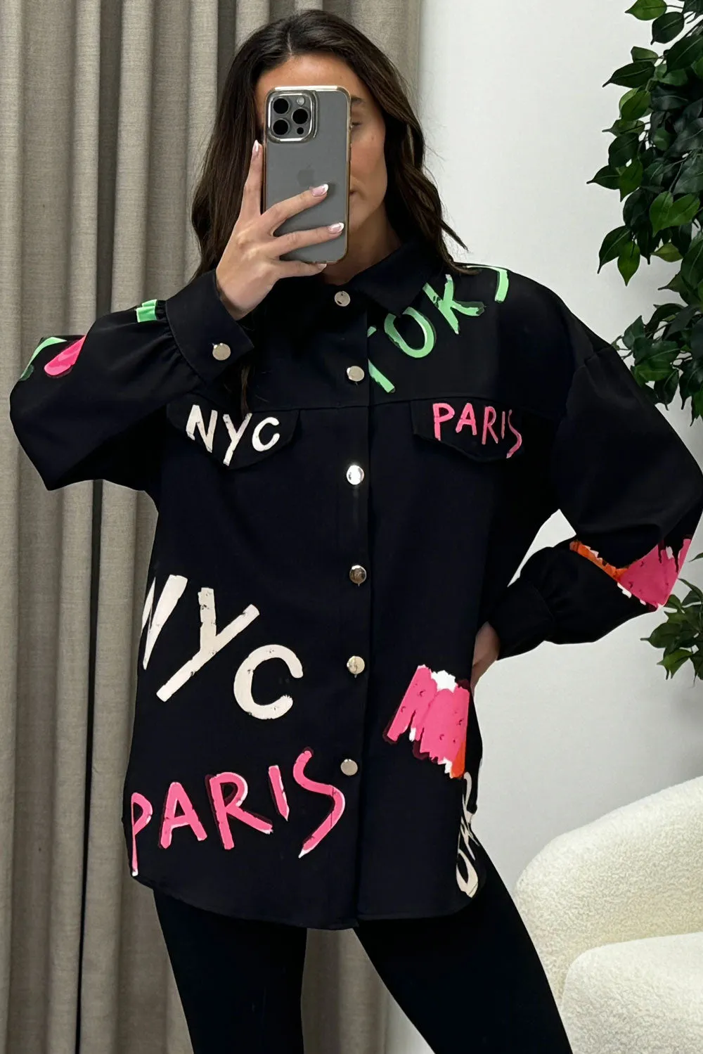 Cassedy Black Graffiti Nyc Slogan Print Oversized Shirt