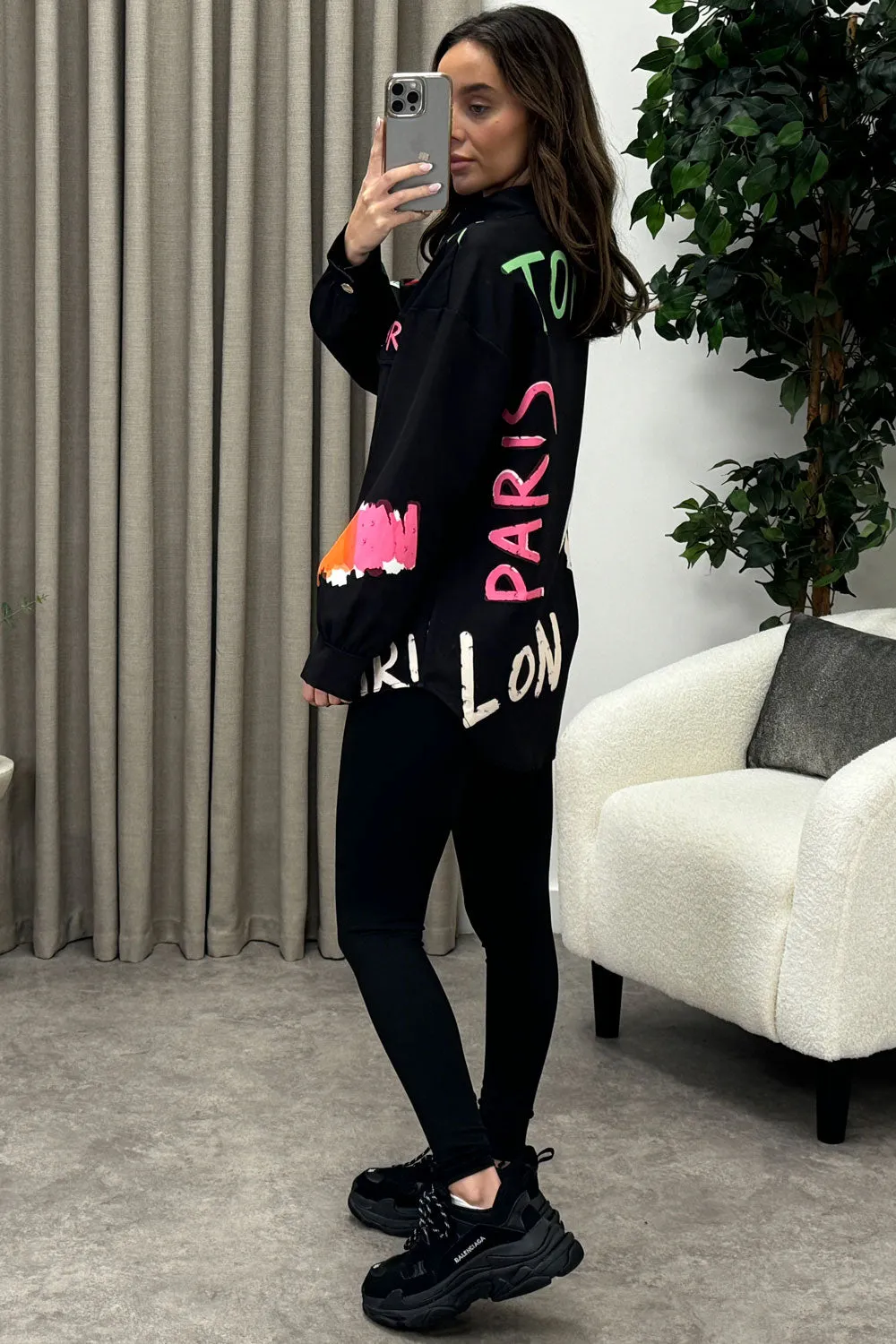 Cassedy Black Graffiti Nyc Slogan Print Oversized Shirt