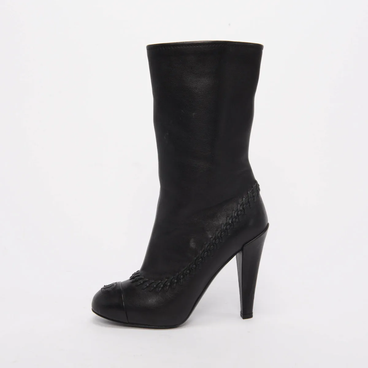 Chanel Black Calfskin CC Whipstitch Boots 37