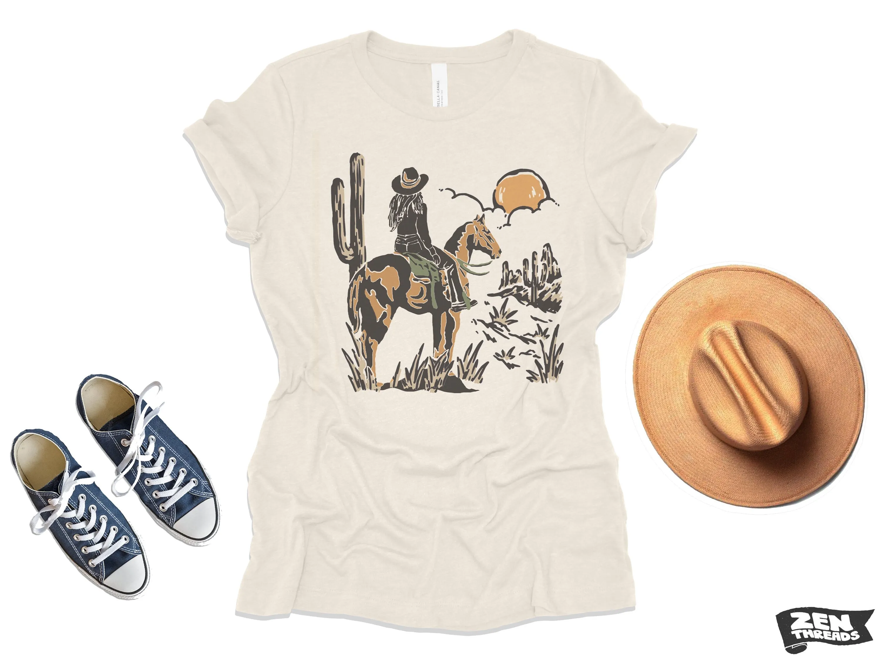 Cowgirl Sunset Texas Desert Womens Boyfriend Tee - Relaxed Fit Vintage T-Shirt