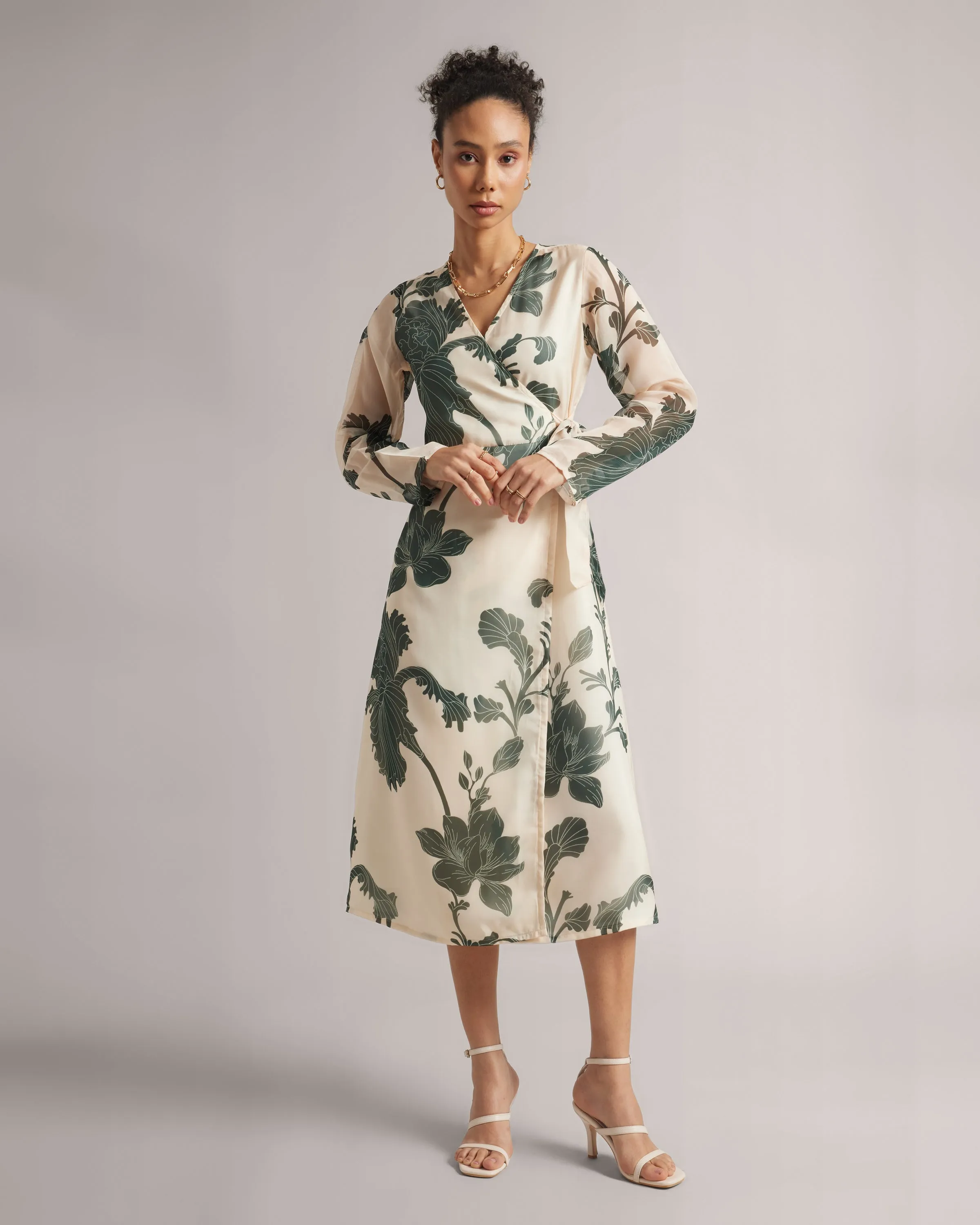 Cream Wrap Dress With Green Floral Print