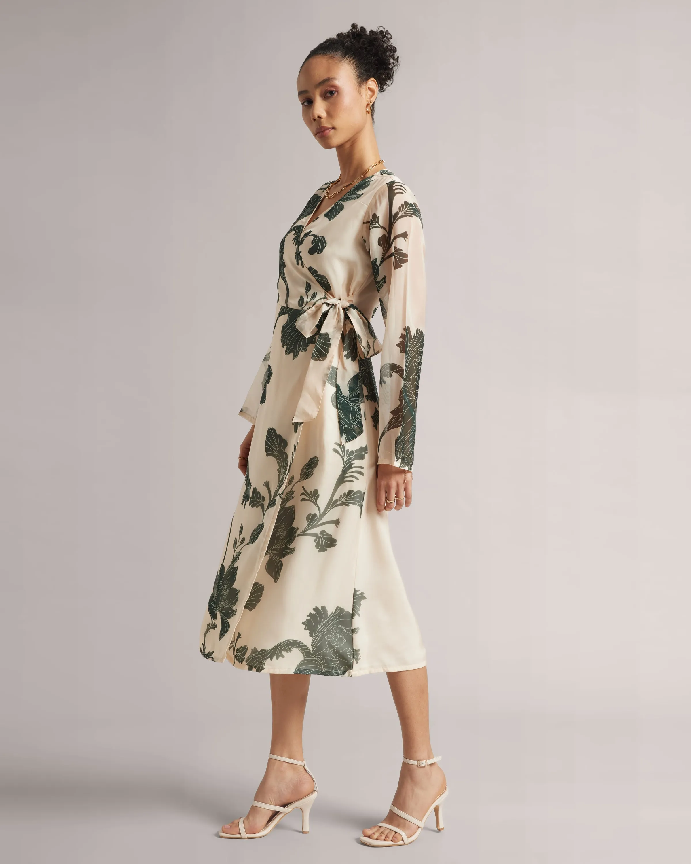 Cream Wrap Dress With Green Floral Print