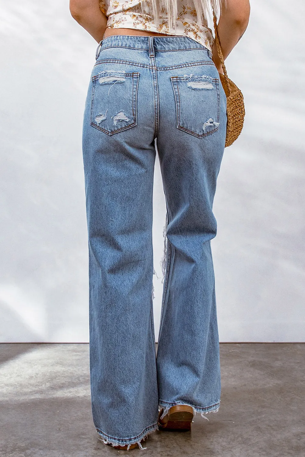 Destroyed Open Knee Wide Leg Jeans