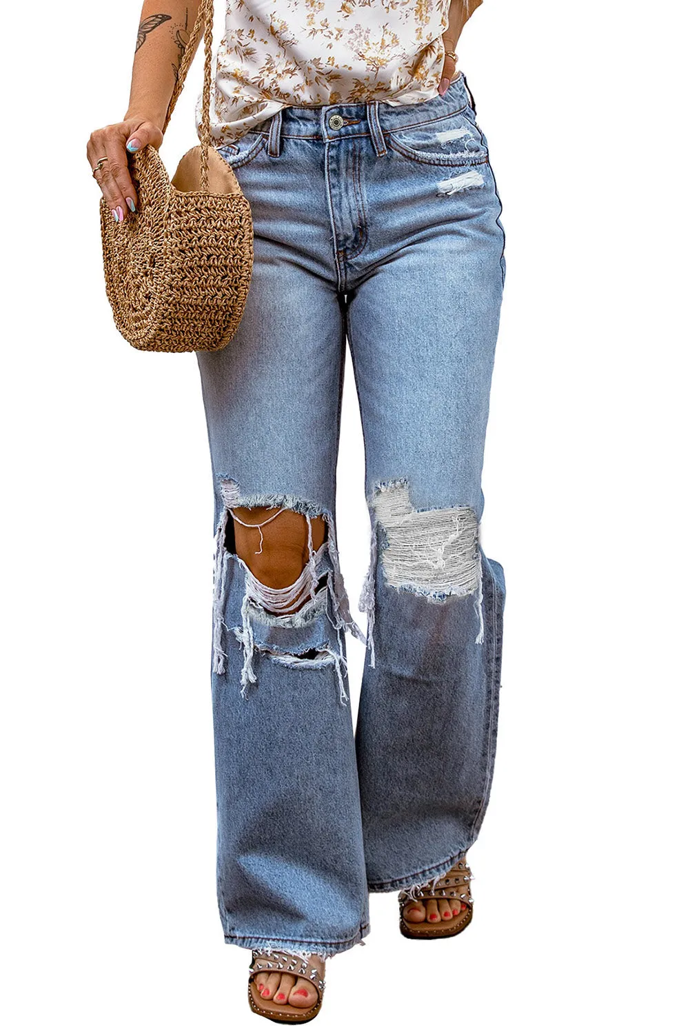 Destroyed Open Knee Wide Leg Jeans