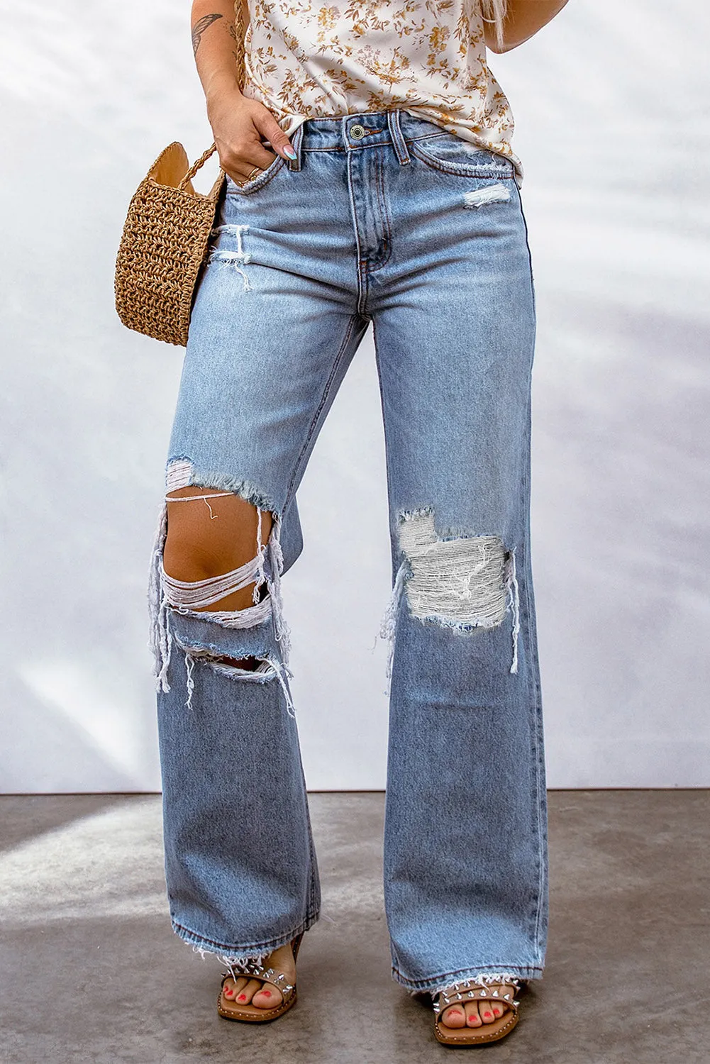 Destroyed Open Knee Wide Leg Jeans