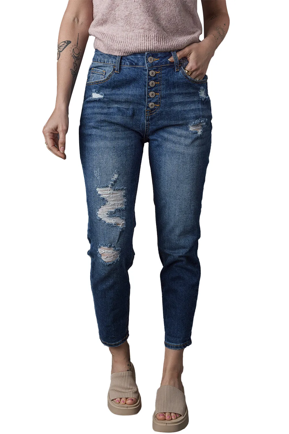 Distressed Button Fly High Waist Jeans