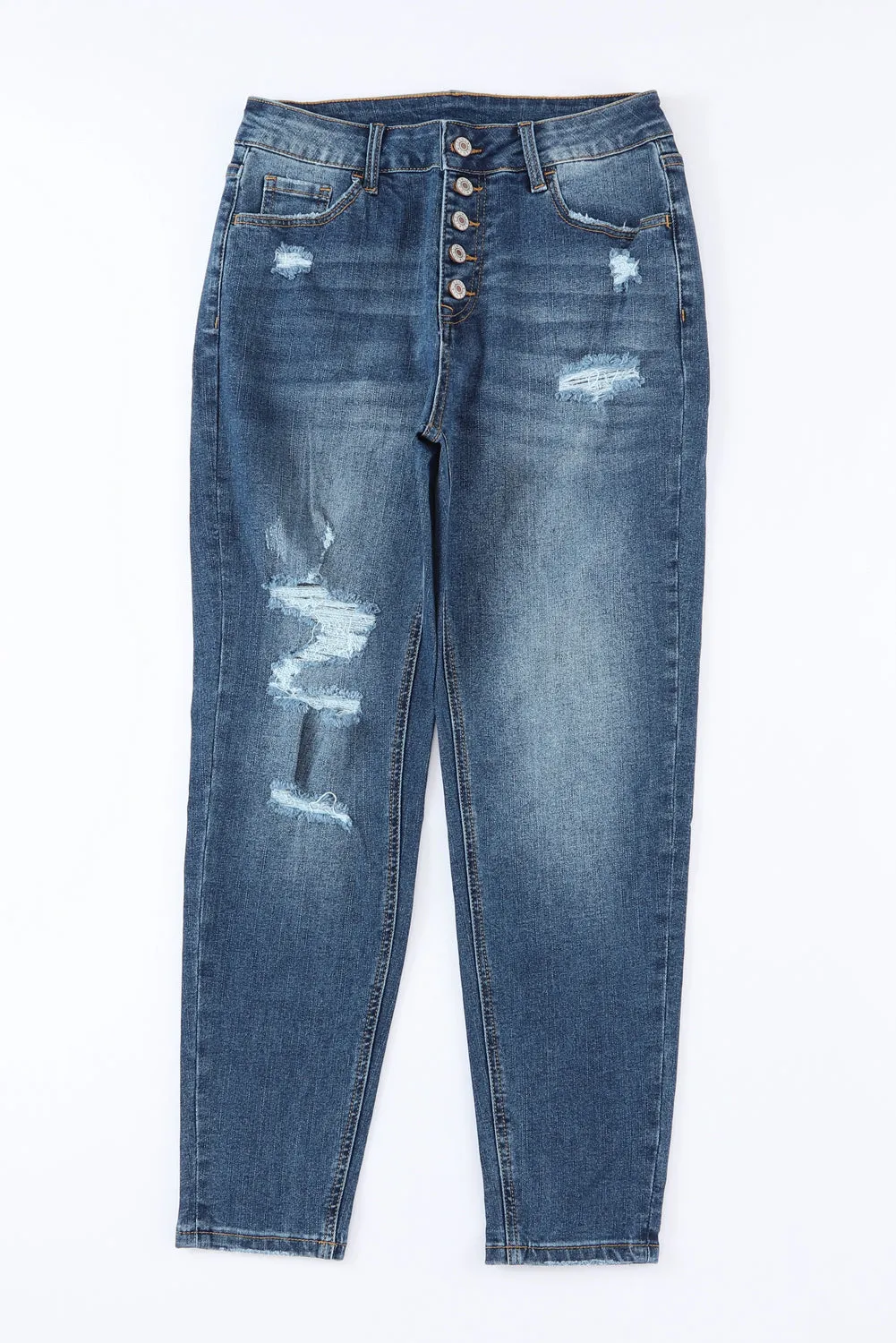 Distressed Button Fly High Waist Jeans