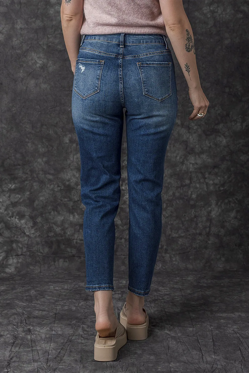 Distressed Button Fly High Waist Jeans