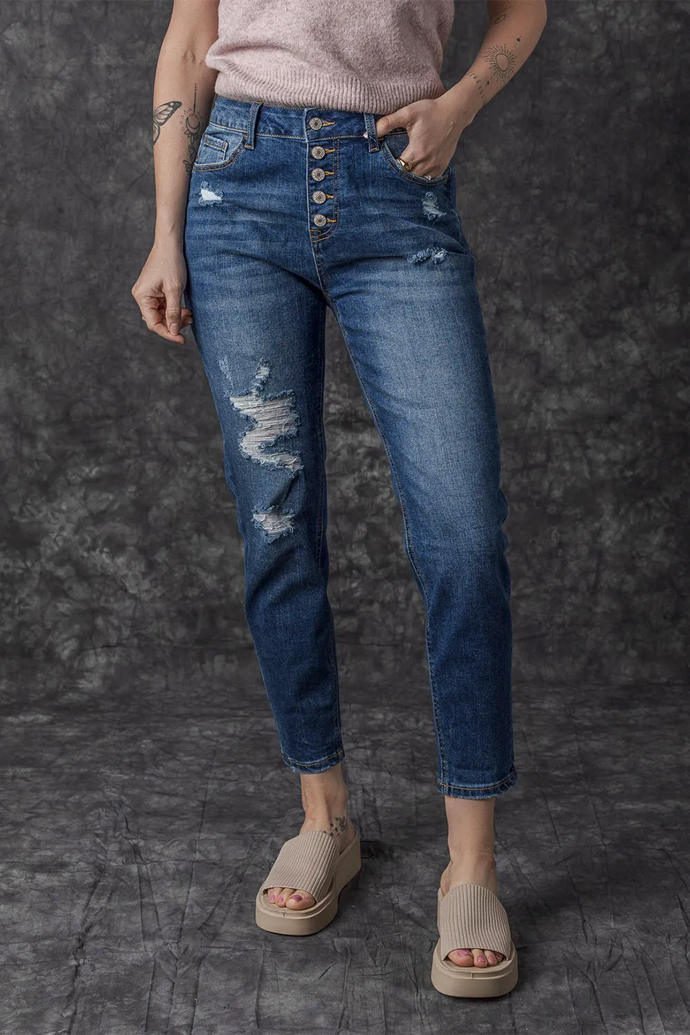 Distressed Button Fly High Waist Jeans