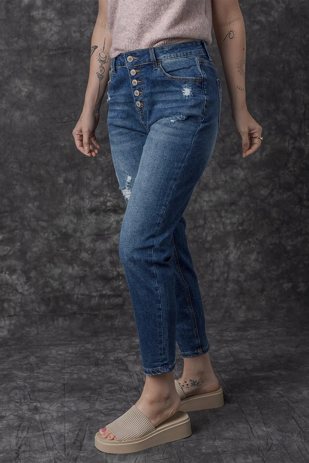 Distressed Button Fly High Waist Jeans