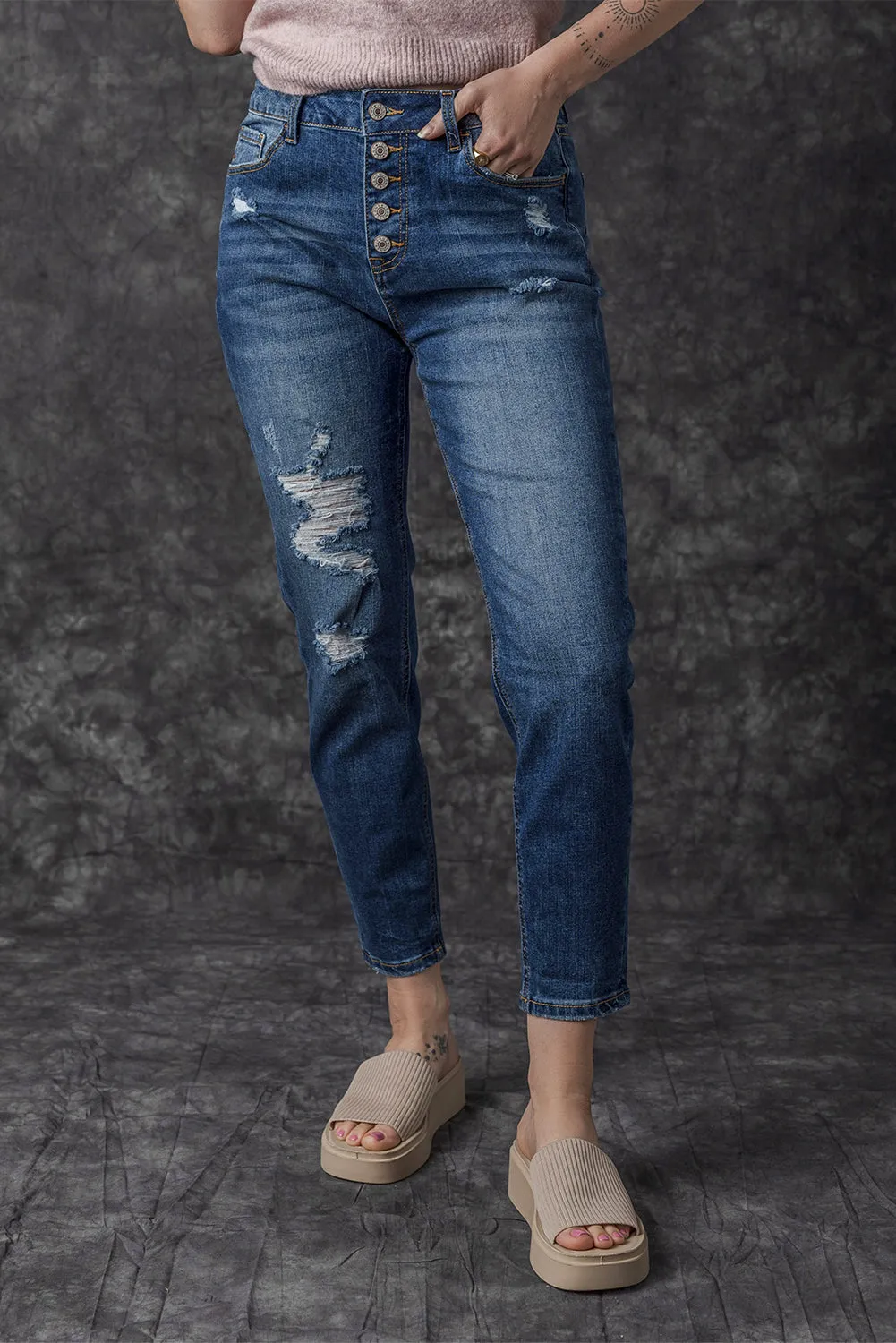 Distressed Button Fly High Waist Jeans