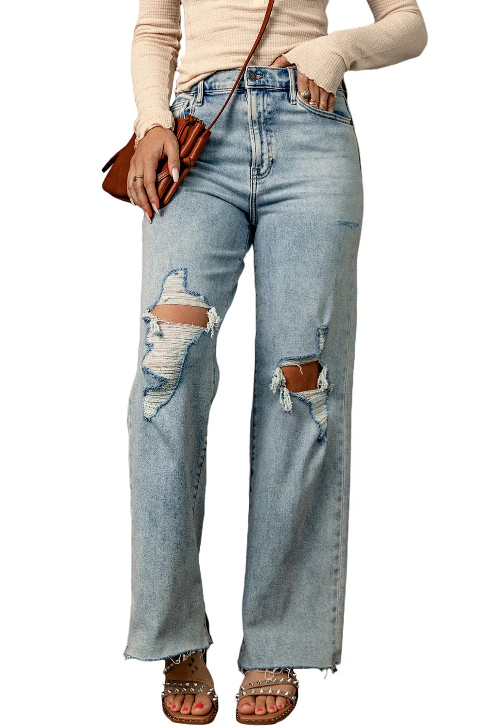 Distressed Holed Straight Leg Loose Jeans