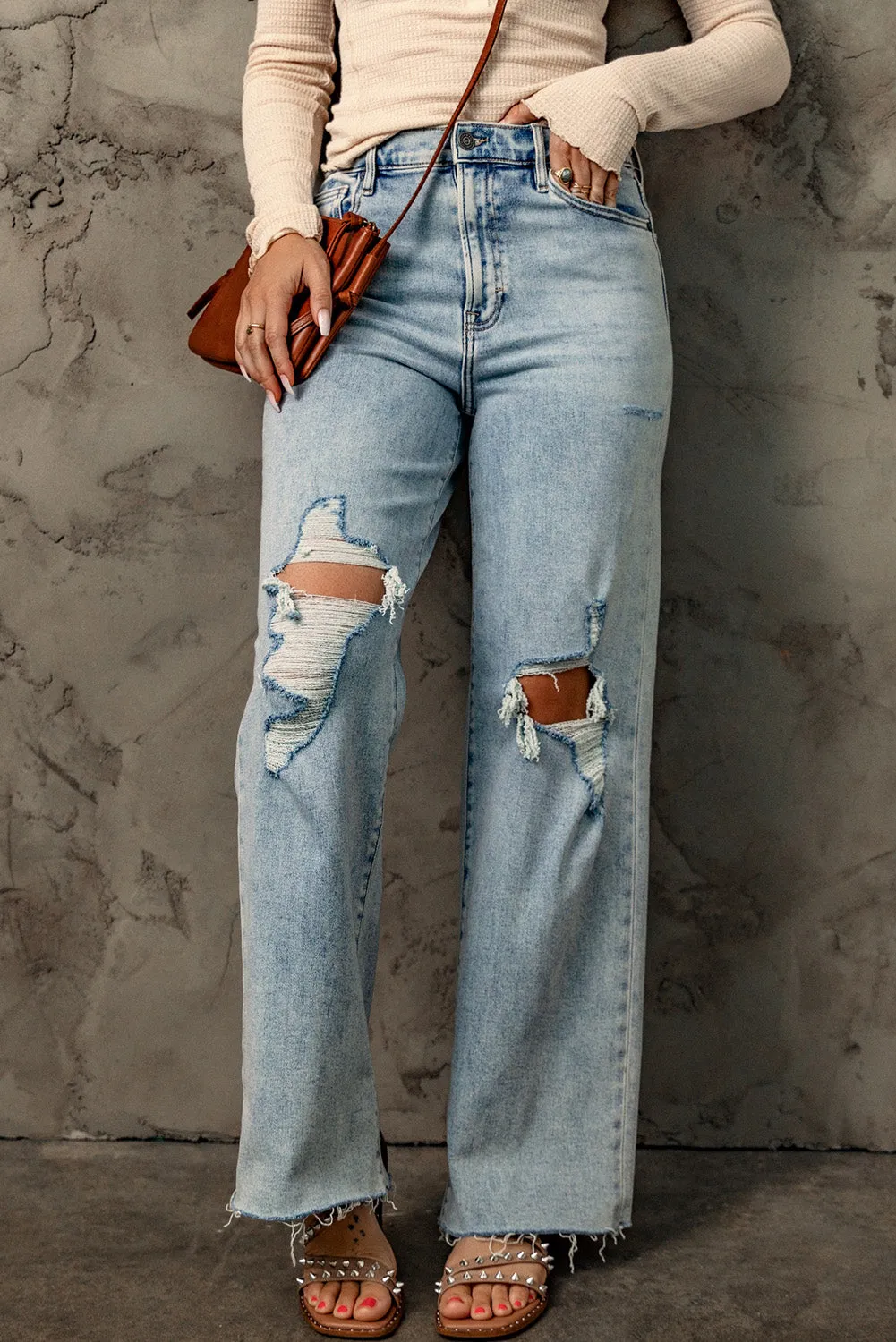 Distressed Holed Straight Leg Loose Jeans