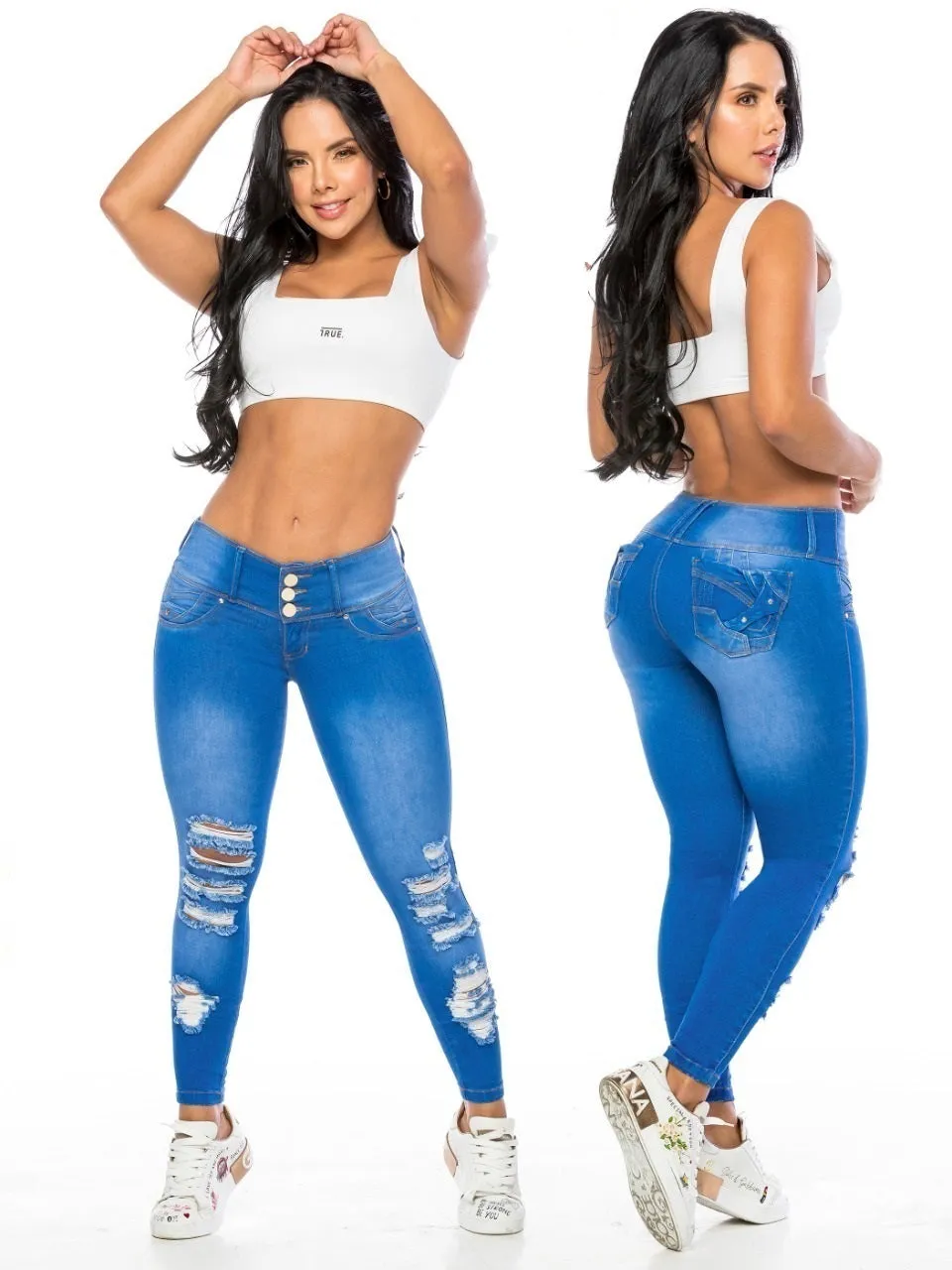 DM Shapewear - Bright baby blue ripped push up skinny jeans