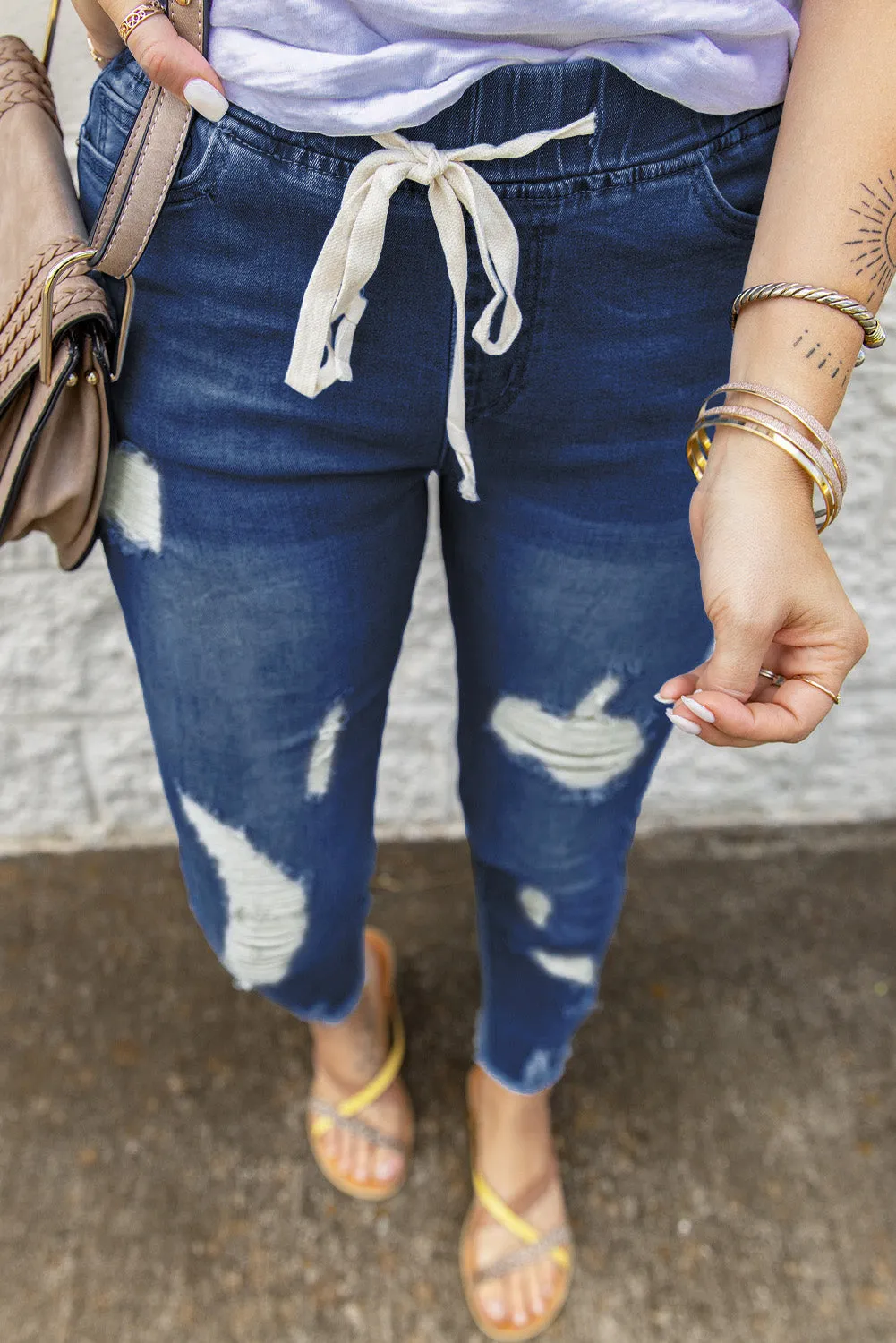 Drawstring Waist Hole Ripped Jeans